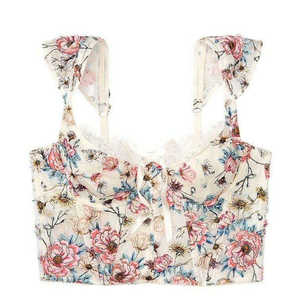 VICTORIA'S SECRET Dream Angels Unlined Bra Top Set 34C Embroidered Ruffle Thong